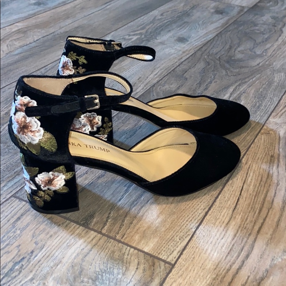 Ivanka Trump black velvet/floral print shoes.